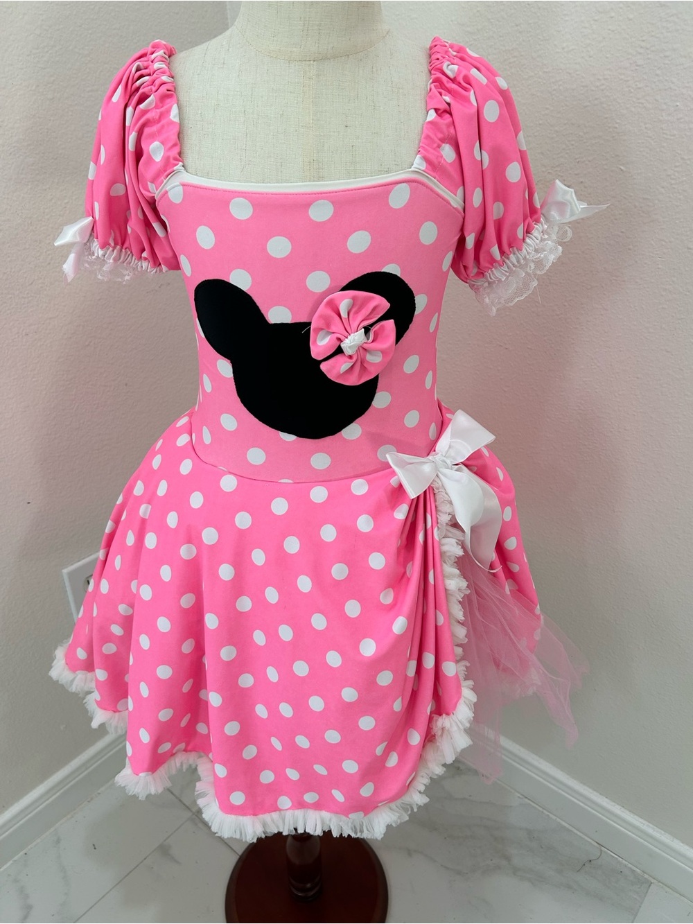 Mini Mouse Inspired Girls Pink Polka Dot Costume Dancewear Dress With Leotard